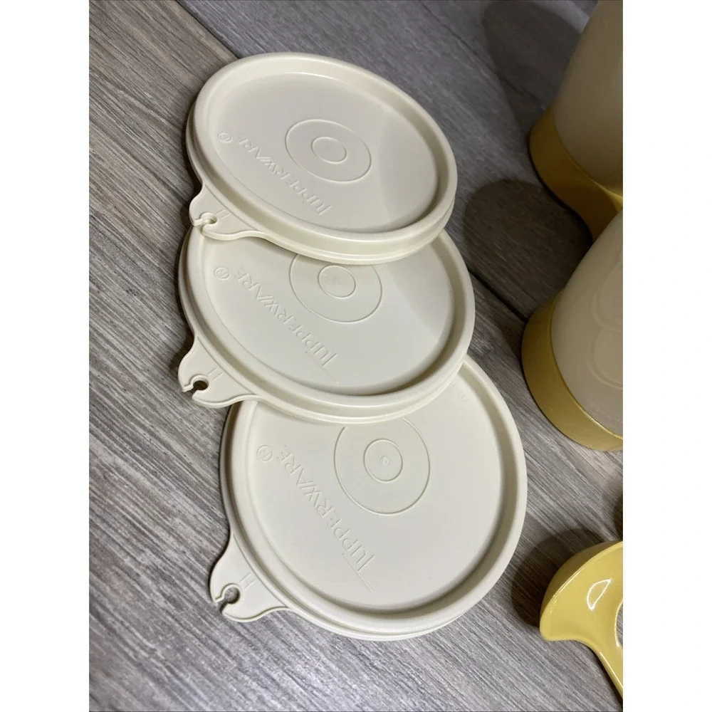 Vintage Tupperware Gold and Almond Condement‎ Caddy Set w/ Cups, Lids & Spoons